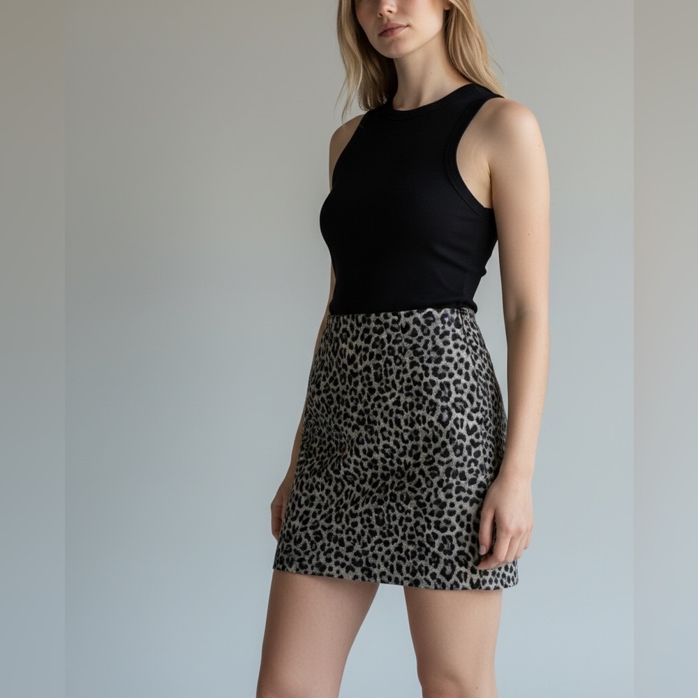 Cabi Jungle Skirt Leopard Print Skirt Gray Sz 6 Stretch Ponte Knit Chic Sexy